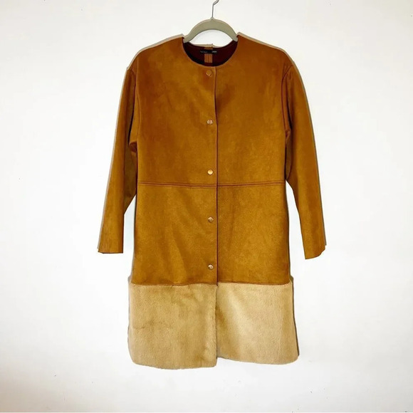 Zara Faux‎ Fur Ultrasuede Coat Brown Size Small Snap Front Blogger Fave Cozy - Picture 13 of 13
